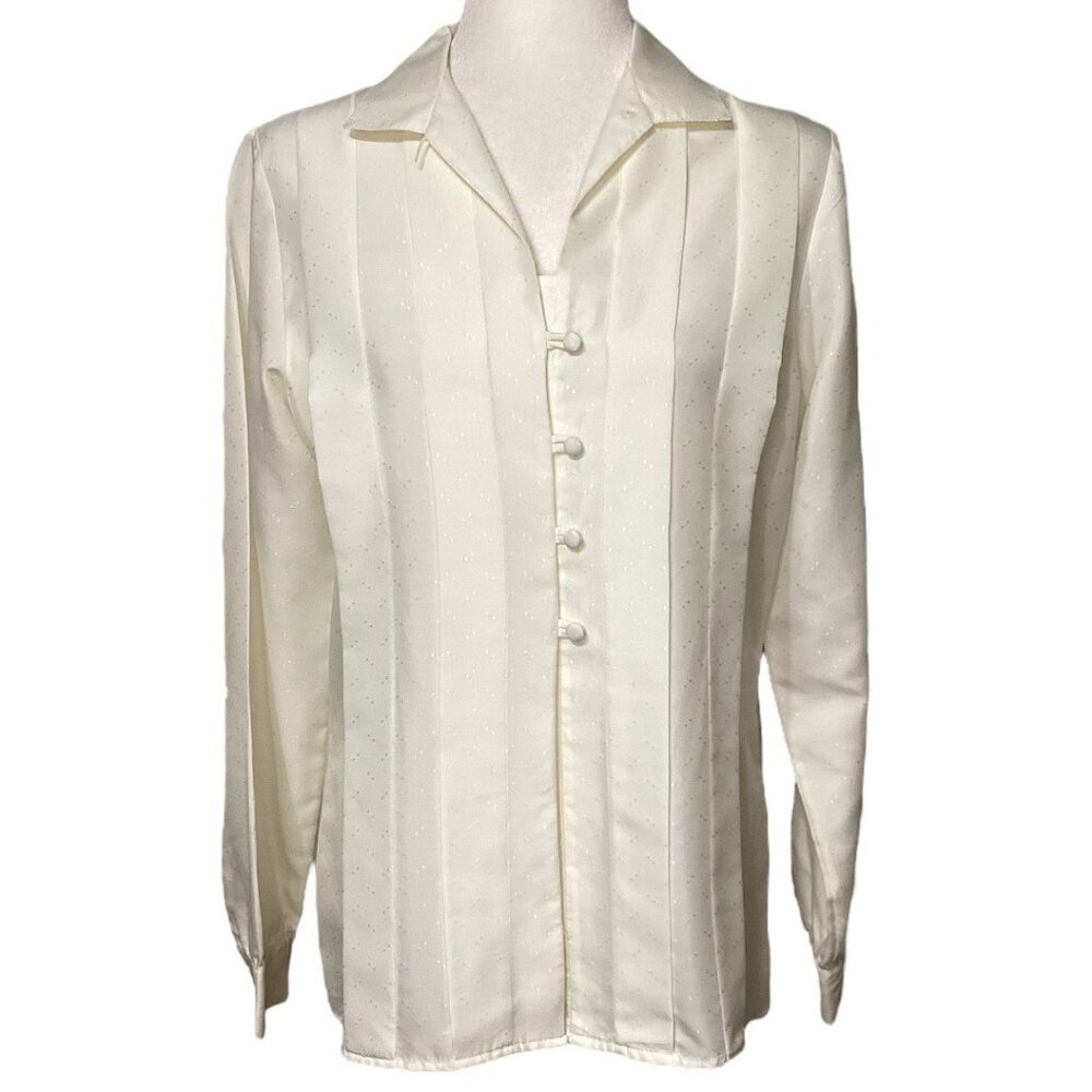 Vintage JC Penney Pleated‎ Long-Sleeve Button up Cream Color Blouse Size Medium